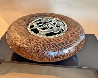 Hand-Turned  Wood Trinket Bowl with  Pewter Lid – Decorative Black Palm Potpourri Holder