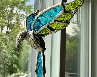 3D Petite Hummingbird in Iridescent Blue and Green Stained Glass Suncatcher - Window Art - Lead-Free - Handmade