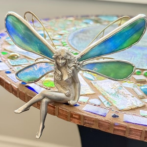 Handmade 3D Blue Green Stained Glass Fairy Figurine – Iridescent Wings -Silver Pixie Art