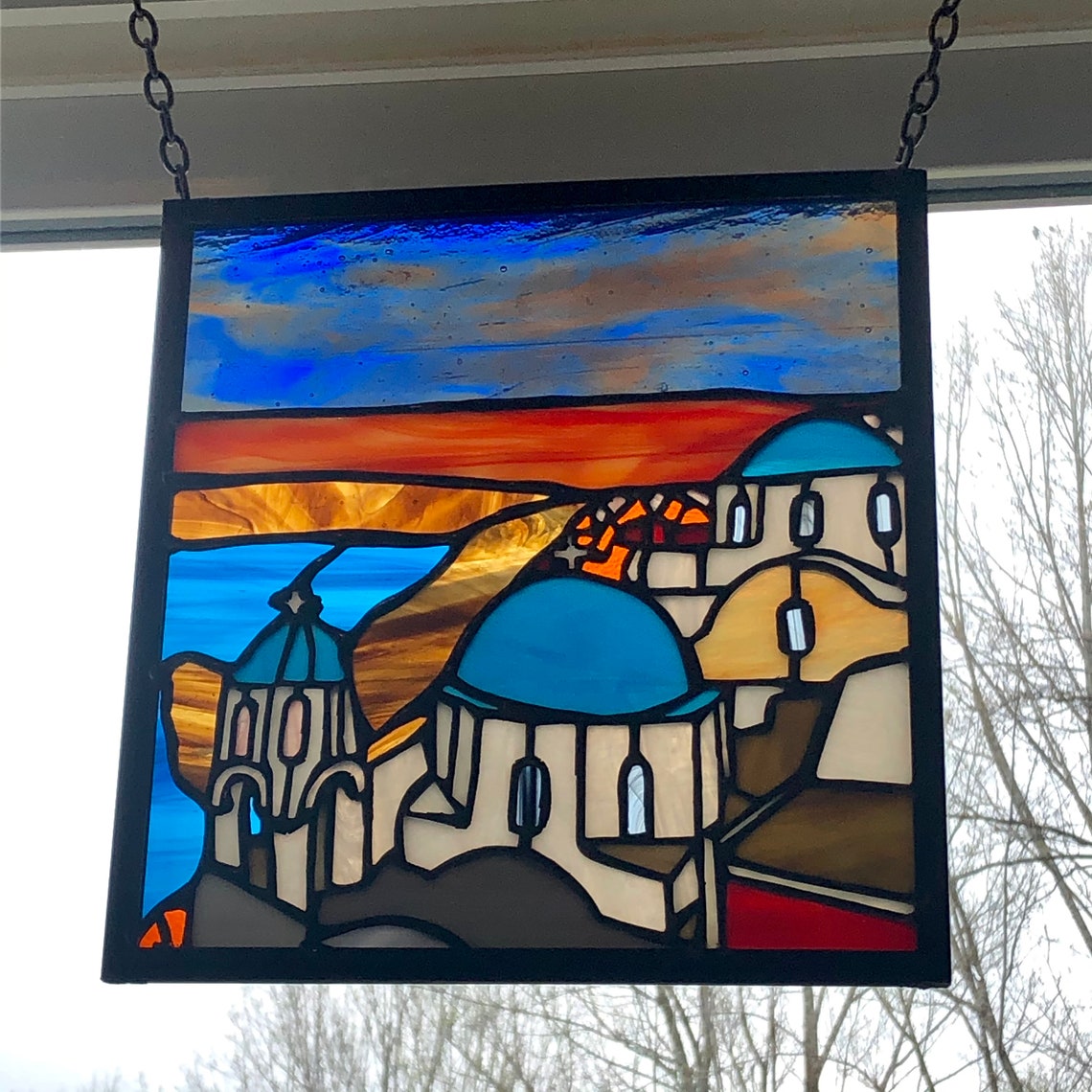 Santorini Stained Glass Panel Santorini Suncatcher Greece Etsy