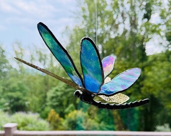 3D Dragonfly Stained Glass Suncatcher – Sky Blue and Green Iridescent Wings, Pewter-Toned Body, Lead-Free Art