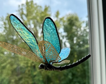 3D Dragonfly Stained Glass Suncatcher – Iridescent Aqua Blue Wings, Pewter Toned Body, Lead-Free Art