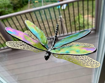3D Dragonfly Stained Glass Suncatcher – Iridescent Lime Green Wings, Cast Metal Body, Lead-Free Art