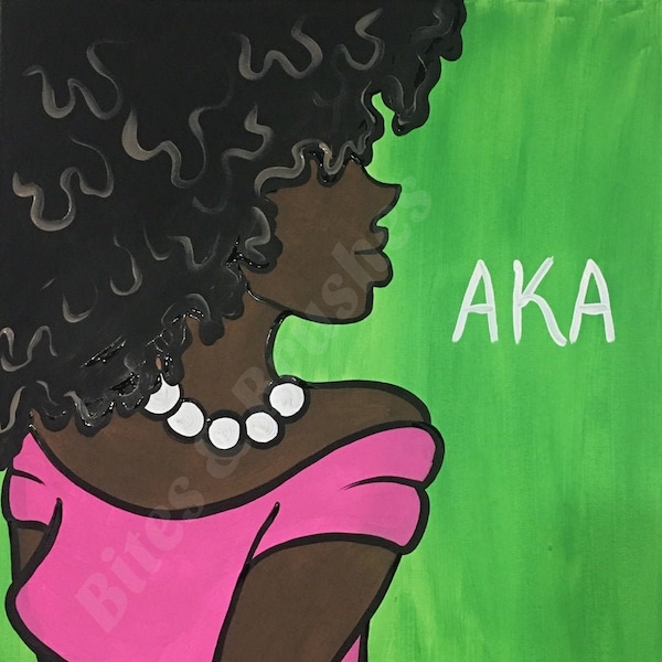 Paint & Sip At Home Kit/ Pre Drawn/ DIY Paint Party/Canvas/Painting/Adult Painting/ "Soror AKA" Black Lady Afro Pearls Pink And Green