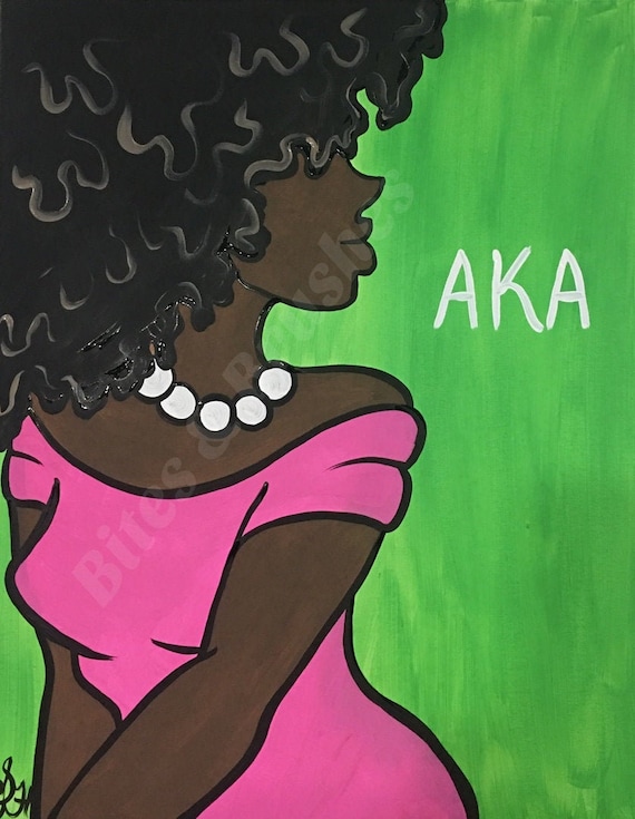 Paint & Sip at Home Kit/ Pre Drawn/ DIY Paint Party/canvas/painting/adult  Painting/ soror Aka Black Lady Afro Pearls Pink and Green 