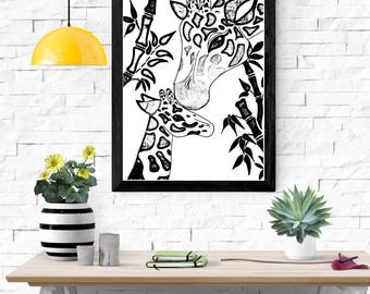 Druckbare schwarz weiß Giraffen Skizze - digitaler Download