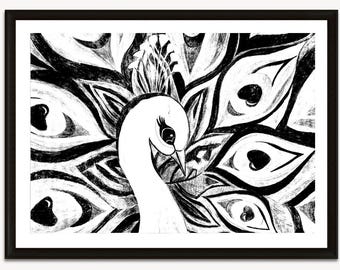 Druckbare schwarz weiß Pfau - Digital Download