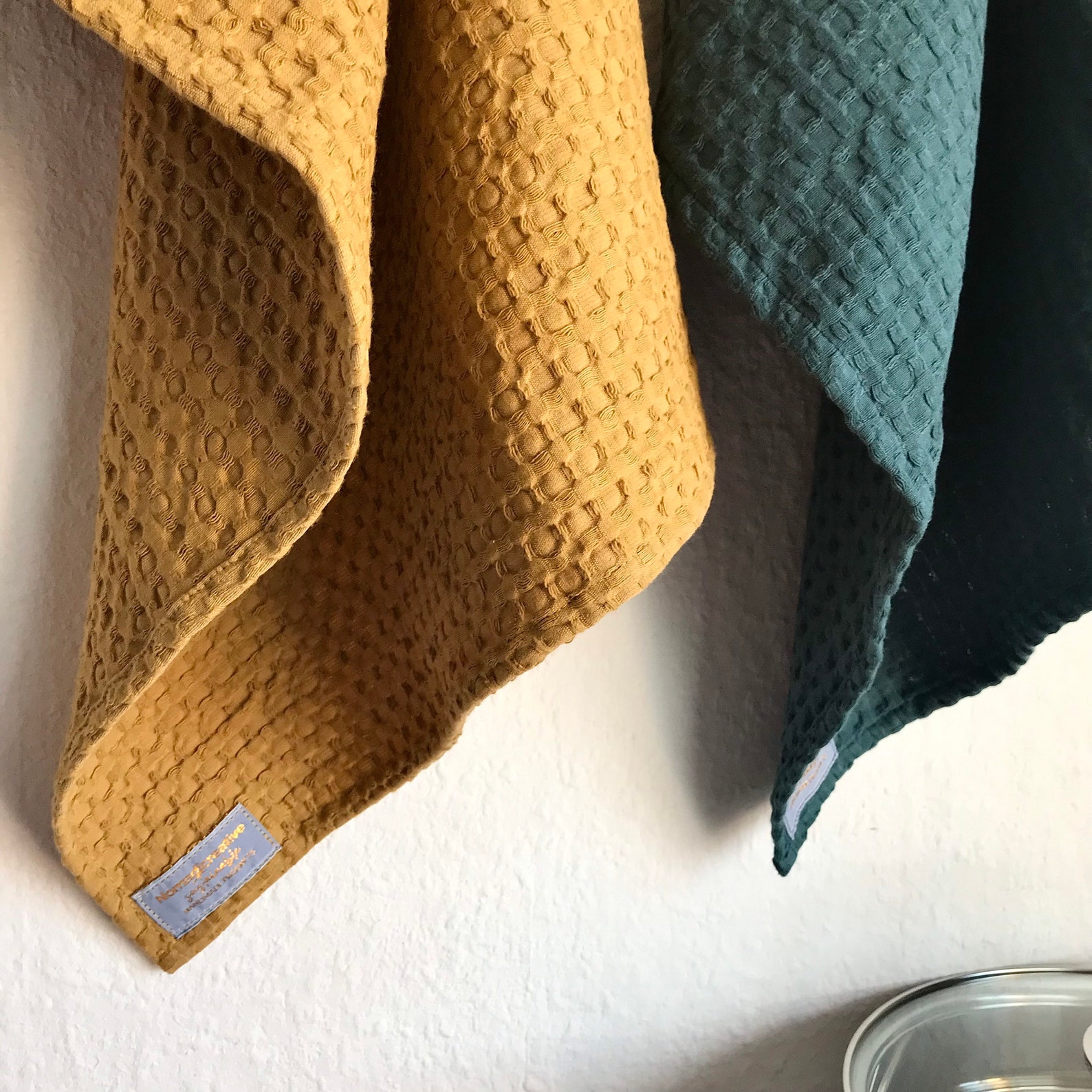 Large Waffle Tea Towel in Mossgreen and Yellow Ochre. Size Etsy