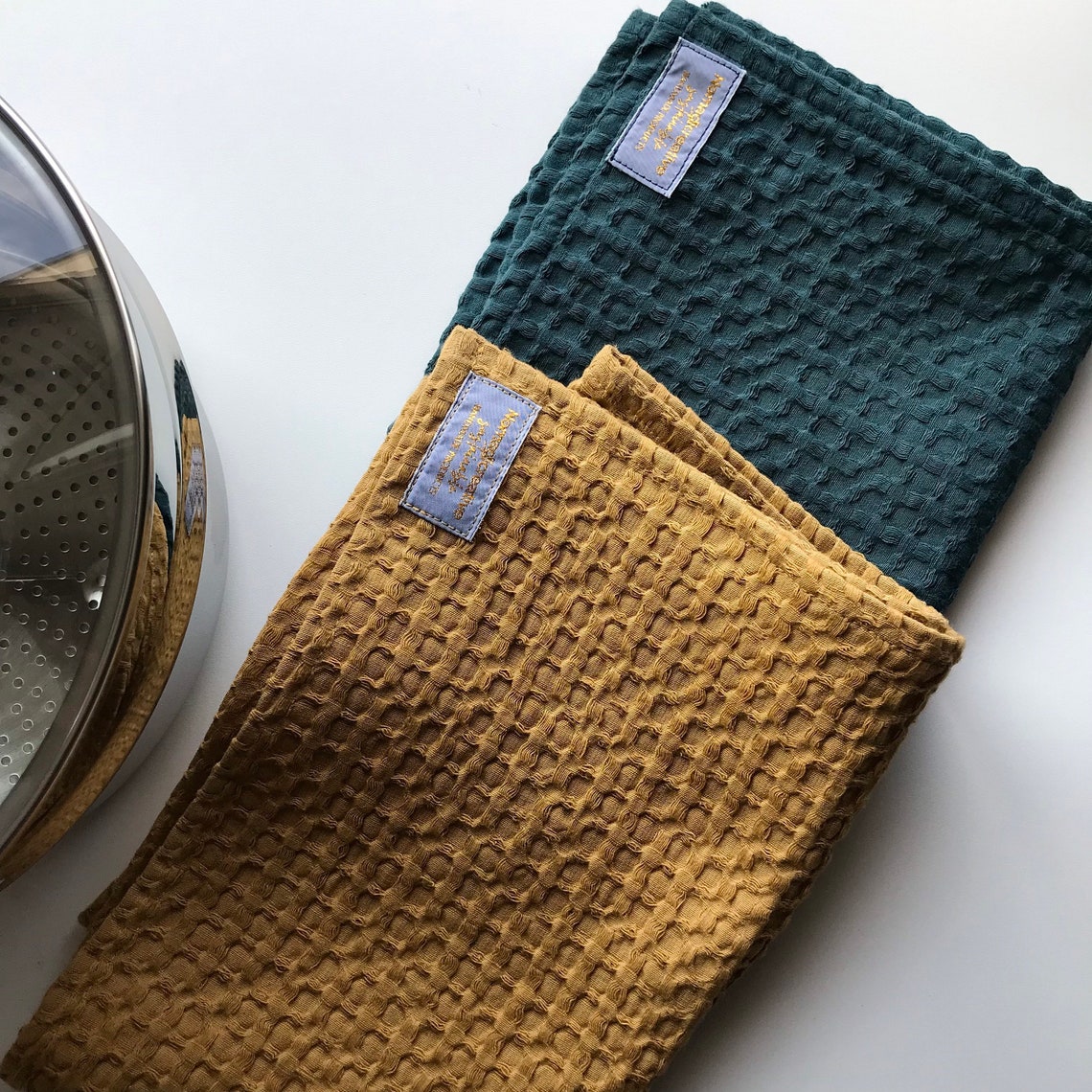 Large Waffle Tea Towel in Mossgreen and Yellow Ochre. Size Etsy