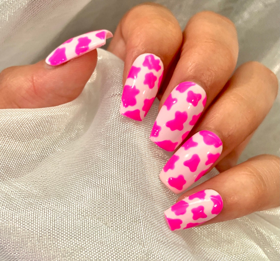 Pink Cow Nails Cow Print Nails False Nails Fake Nails | Etsy