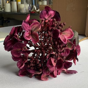 以下が含まれることがあります： 深紅色の人工アジサイの花のアレンジメントのクローズアップ。このアレンジメントは、質感のある花びらと小さくて丸い蕾を持つ複数の花頭が特徴です。花は、緑色のヒントを持つ深い深紅です。