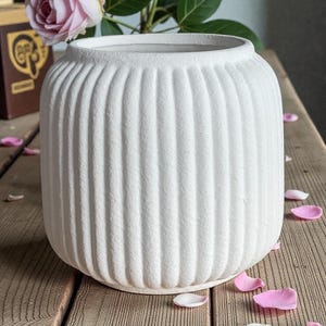 Puede incluir: Un jarrón de cerámica blanco y acanalado con forma redondeada. El jarrón tiene ranuras verticales y una abertura ancha. Pétalos de rosa rosas están esparcidos alrededor de la base del jarrón sobre una superficie de madera. Una rosa rosa y hojas verdes son visibles en el fondo.