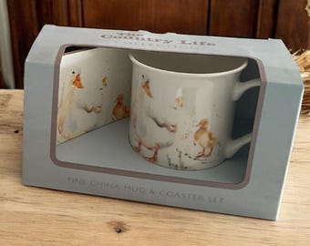 Tasse und Untersetzer-Set - Fine China - Ente Landleben Vatertag Muttertag Geburtstagsgeschenk Neues Zuhause Geschenk
