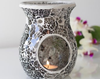 Large shimmer grey Mosaic Wax Burner Oil Burner 14cm High Boxed Large bowl 10cm wide at top New Home Gift Birthday Present