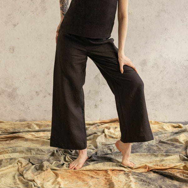 Linen palazzo pants black / Wide leg pants / High waist pants / Linen trousers / Linen trousers women