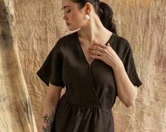 Linen wrap dress black / Women's linen dress / Plus size linen dress / Organic linen dress