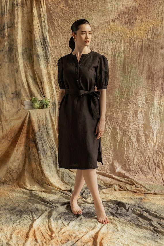 Linen Polo Dress Black / Women's Linen Dress / Plus Size Linen Dress / Organic Linen Dress