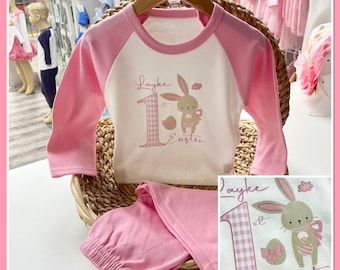 Personalised Girls Easter Pyjamas Bib Vest Grow Romper My First Easter Bunny Perfect Gift Pink Custom any name easter Pjs