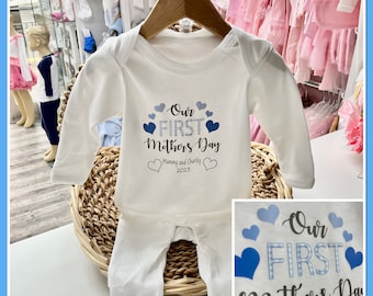 Personalised Our First Mothers Day Baby Boys Bib Vest Grow Pyjamas Romper 0-2 years first Mothers Day I Love Mummy Gift Blue Gingham 2024