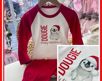 Personalised Girls Boys unisex Christmas Eve Red Pyjamas Any Name christmas Bib Vest Grow 0-10y Family Matching Merry Christmas Penguin