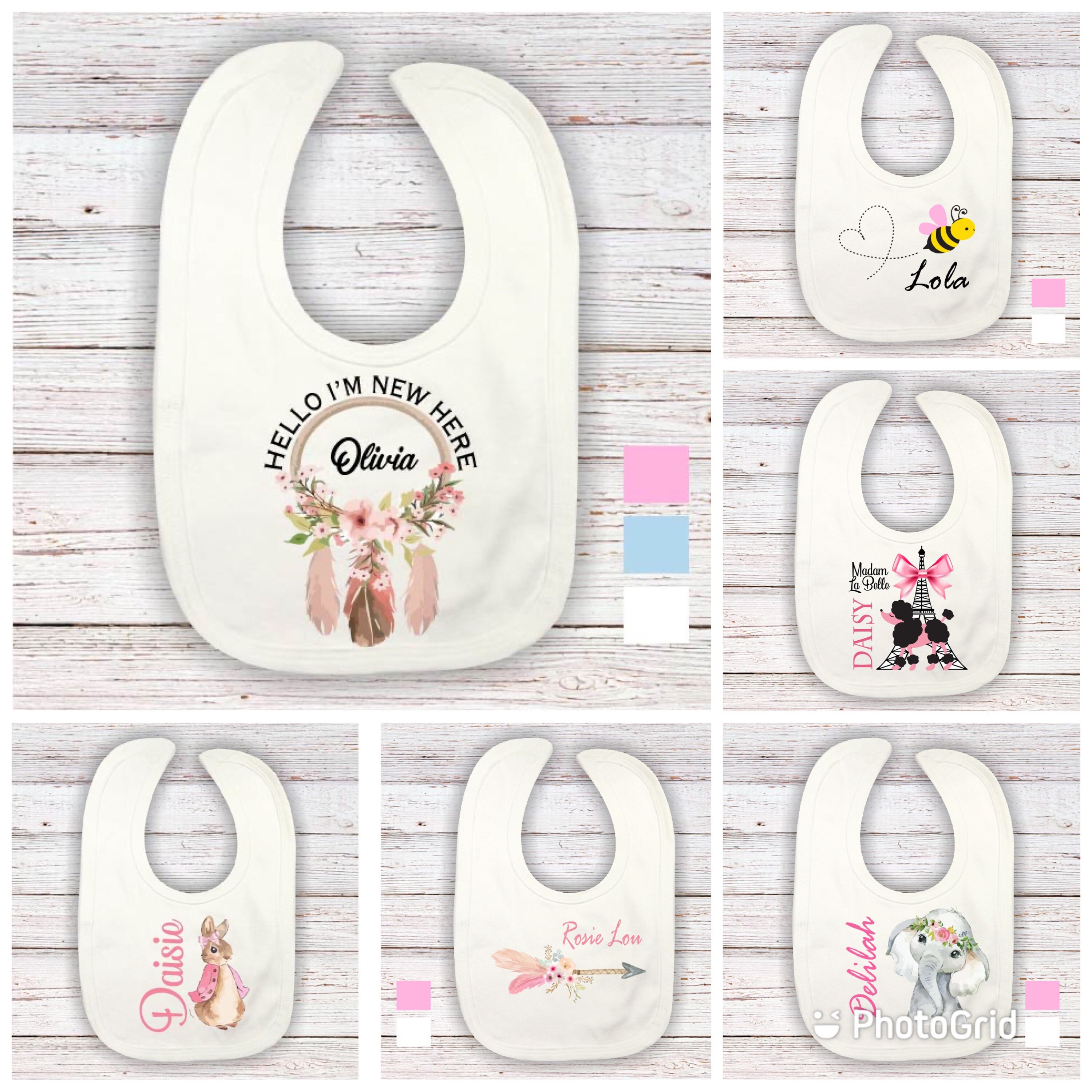 Personalised baby girls Bib design choice & name elephant Etsy