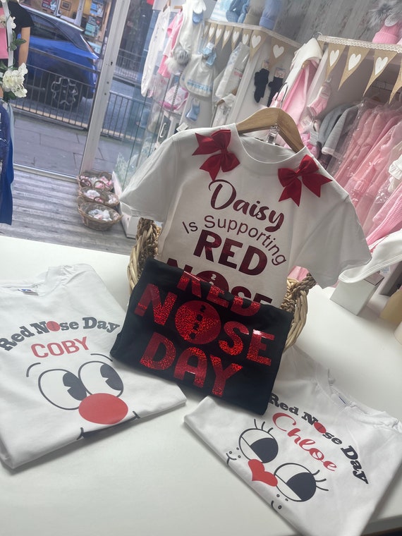 Personalised Red Nose Day Tshirt ladies mens baby toddler childs Red Nose Day 2024 Tshirt street party, , celebration family Bib Vest Grow