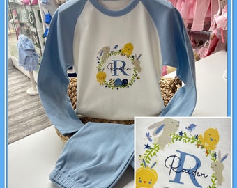 Personalised Boys Easter Bib Vest Grow Romper Pyjamas 0-10 years Easter wreath Chick Bunnie Pjs Easter Perfect Gift Blue Custom made 2024