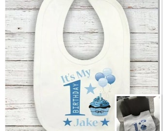 personalised baby boys 1st birthday bib cake smash one today  first birthday cupcake theme  gift wrapped