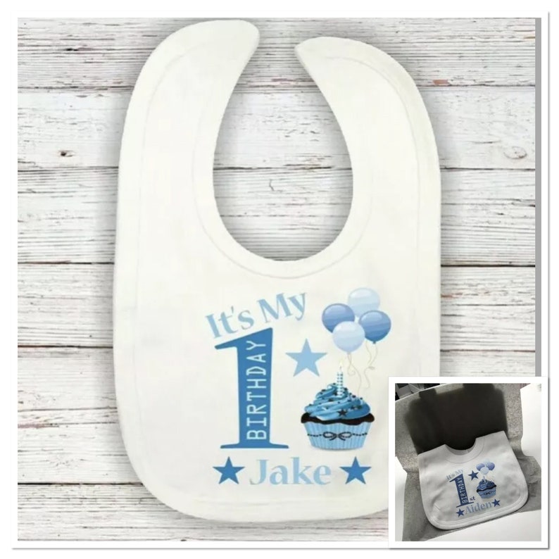 personalised baby boys 1st birthday bib cake smash one today first birthday cupcake theme gift wrapped image 1