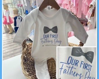 Personalised Baby Boys Our First Fathers Day Bib Vest Grow Pjs Pyjamas with Daddy and Child Name Gingham Blue Heart With Bows Gift Cute Dad