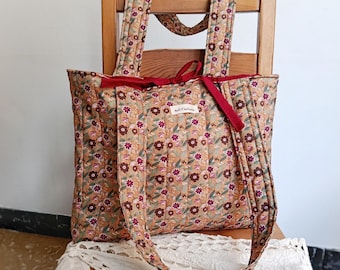 Quilted Floral Tote Bag, Cotton Tote Bag, Book Tote Bag, Bow Shoulder Bag, Handmade Gift for Her