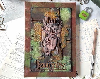 Steampunk beetle journal, Altered grungy sketchbook with recycled paper, Artist journal with insect, Industrial junk journal hard cover