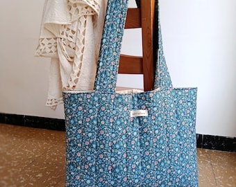 Cotton Quilted Bag, Floral Shoulder Bag, Book Tote Bag, Handmade Gift for Her
