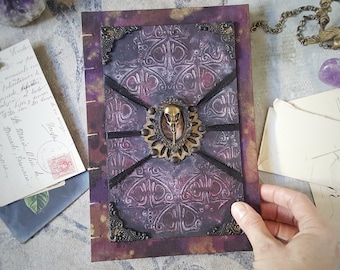 Purple and Dark-themed Blank Junk Journal with Hard Cover - Unique Handmade Journal with Bird Skull Design