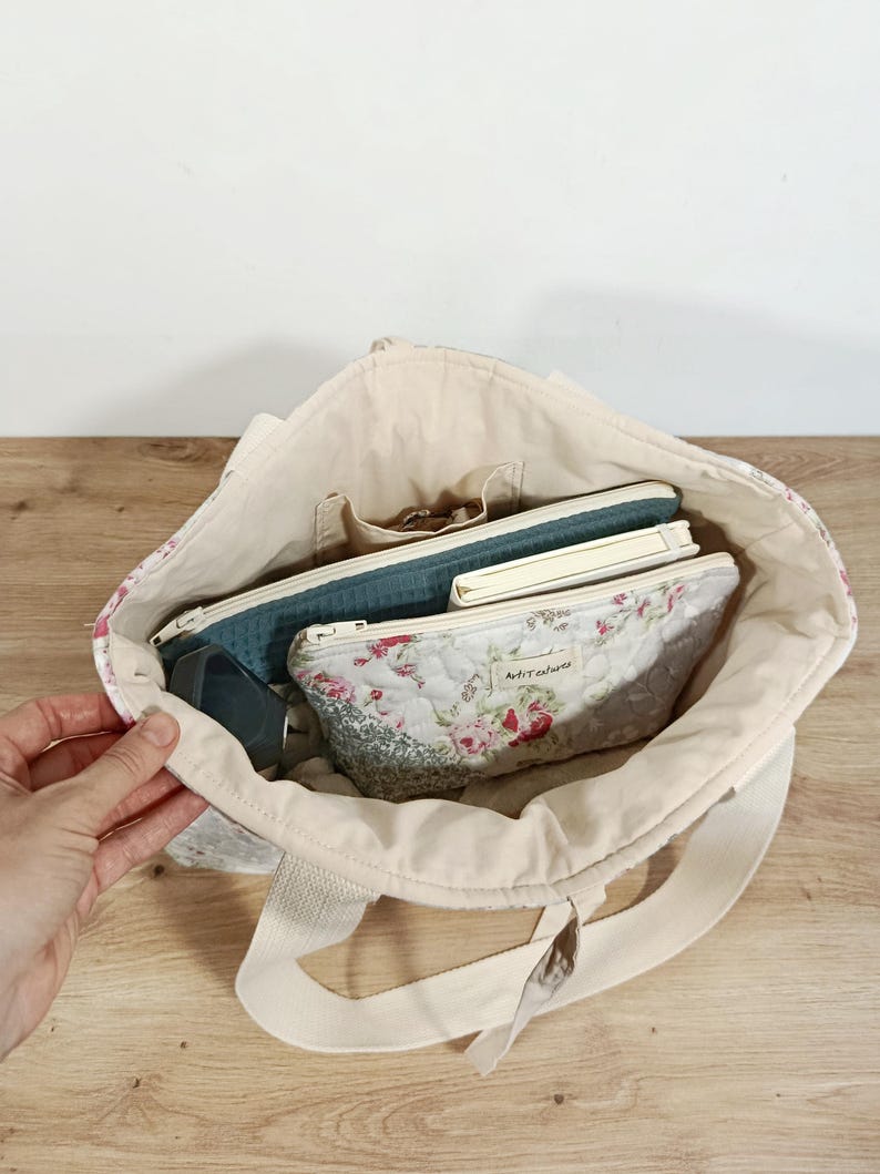 Shabby chic bag showing the pastel floral patchwork and spacious interior