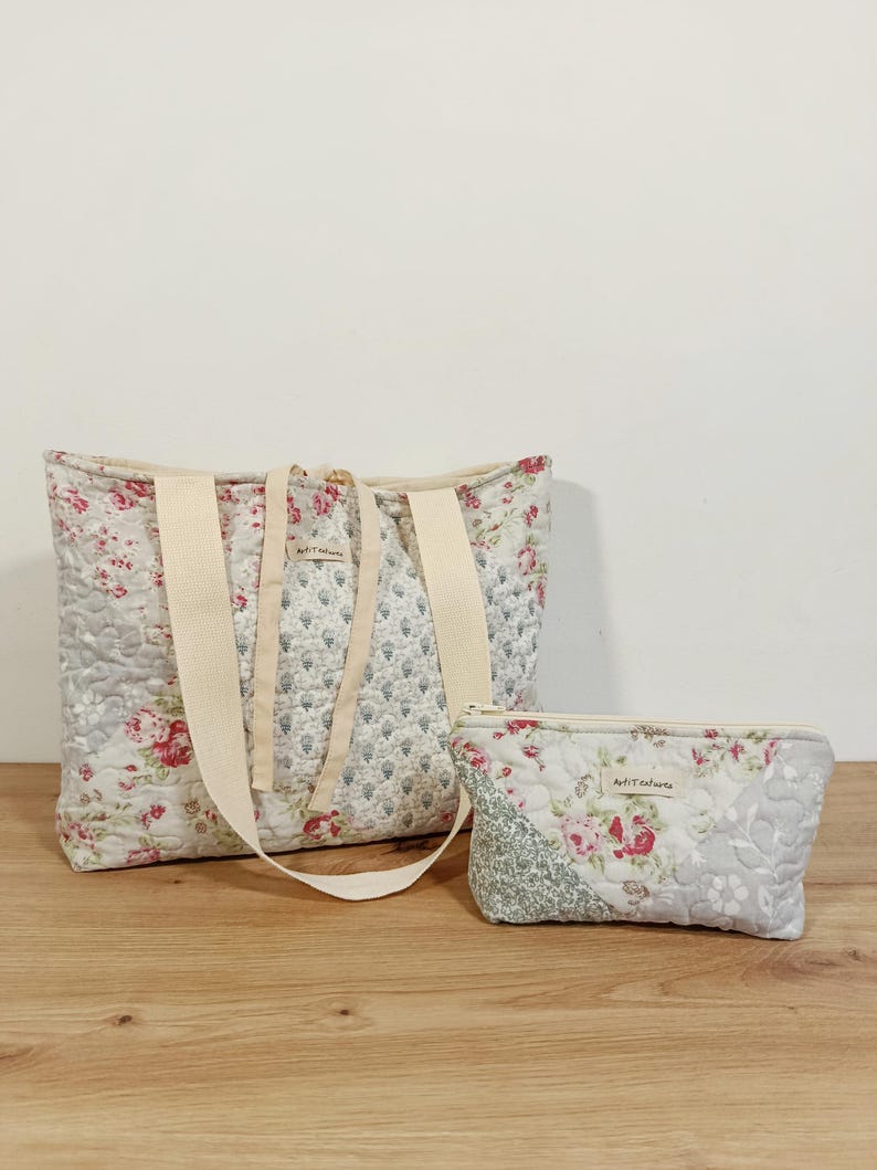 Tote bag with matching makeup bag made from the same quilted floral patchwork fabric