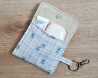 Blue Gingham Earbuds Pouch Keychain, Floral AirPods Case, Handmade Earphone Case, Cottagecore Keychain Pouch, Cute Fabric Pouch
