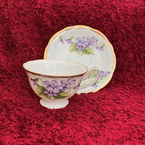 Purple Violets Galore!  Tea Cup and Saucer with Gold Trim