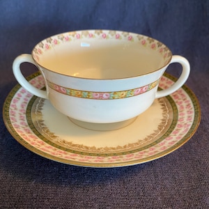 Pink and Yellow Roses GDA Limoges Bouillon Double Handled Cup or Bowl