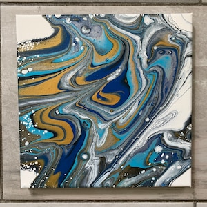 Acrylic paint pour painting 10 x 10” “Silver Swirls” painted by my 11 year old production partner.