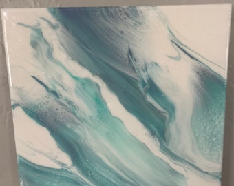 Flowing Waters Painting: Turquoise Blue Abstract Art, 12x12 Canvas