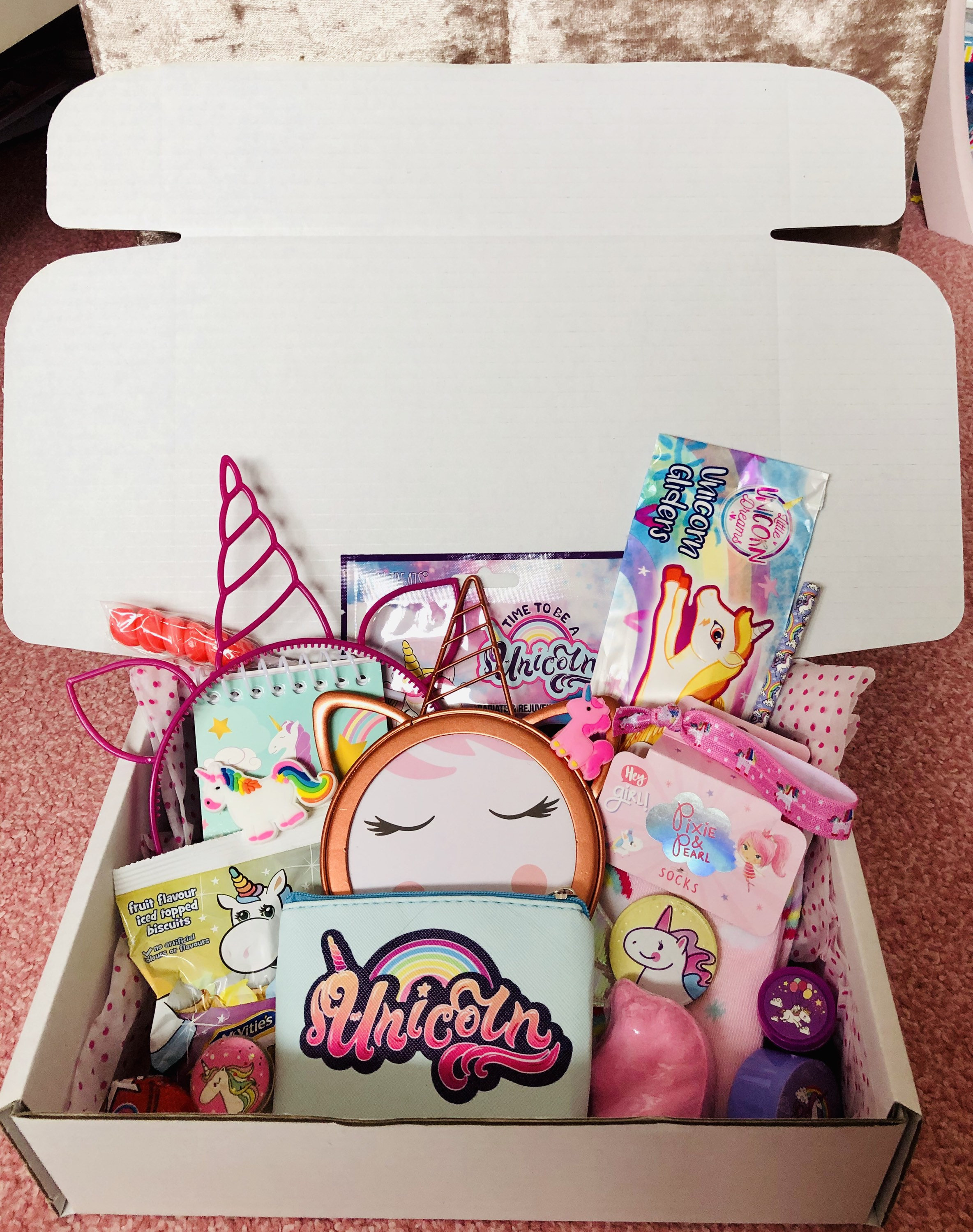 Unicorn Gifts for Girls Age 5 6 7 8 Years Old-Unicorn Surprise Box with  Plush Toy,Rainbow Scratch Paper,Bags-Little Girl Jewel Rings in Box-Girls
