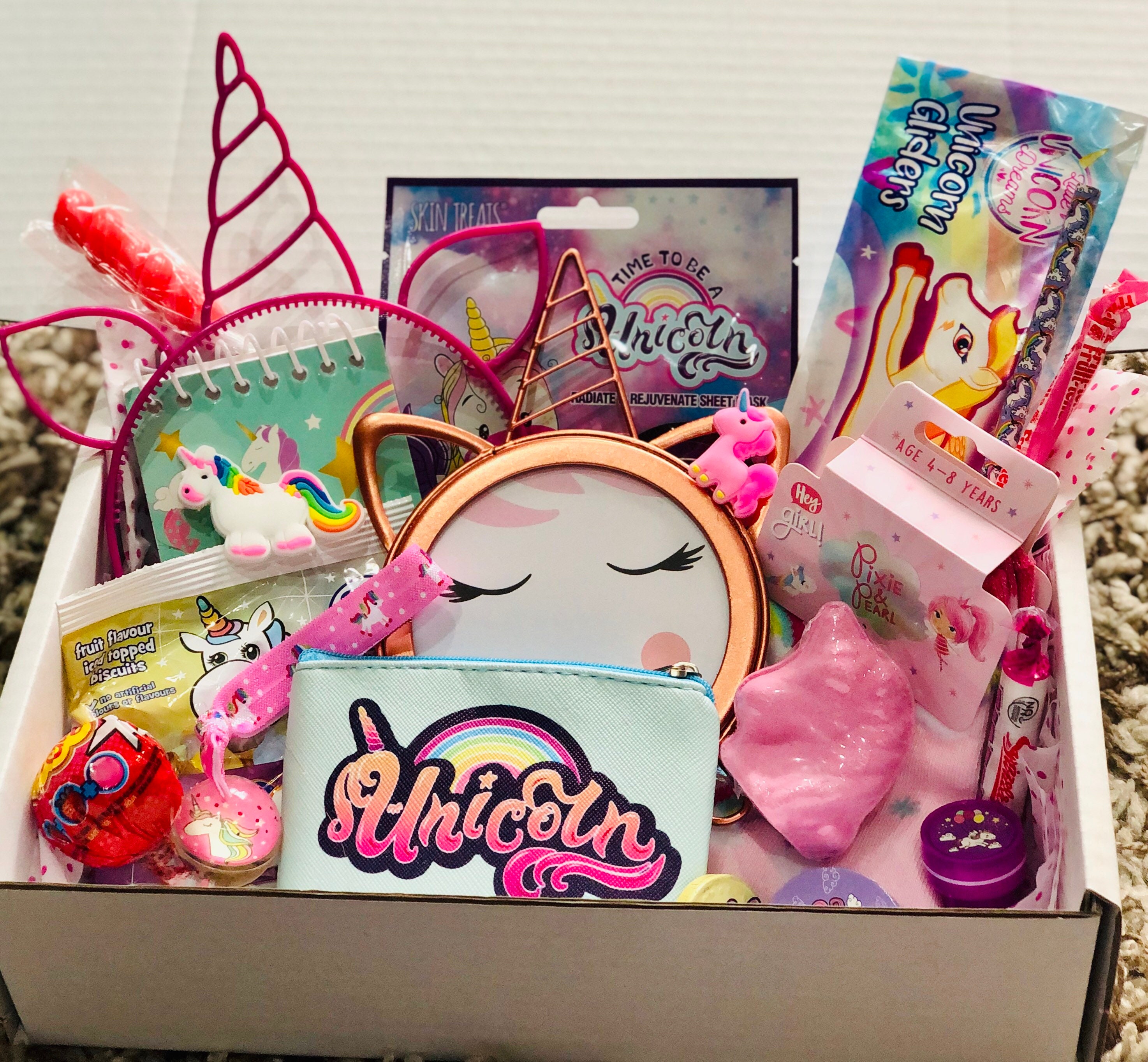 Unicorn Gifts for Girls Age 5 6 7 8 Years Old-Unicorn Surprise Box with  Plush Toy,Rainbow Scratch Paper,Bags-Little Girl Jewel Rings in Box-Girls