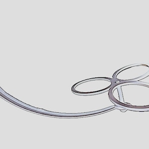 Op de afbeelding: Een zilverkleurig, gebogen metalen object met drie cirkelvormige ringen die in het midden zijn verbonden. Het object heeft een handvatachtige verlenging aan één uiteinde en een klein, schroefdraadstuk aan de bovenkant.