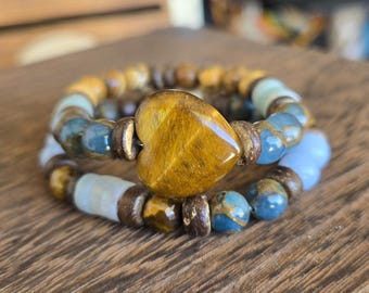 Hey Angel Bracelet Set Tiger Eye Boho Surf Style Hawaiian Stretch Bracelet