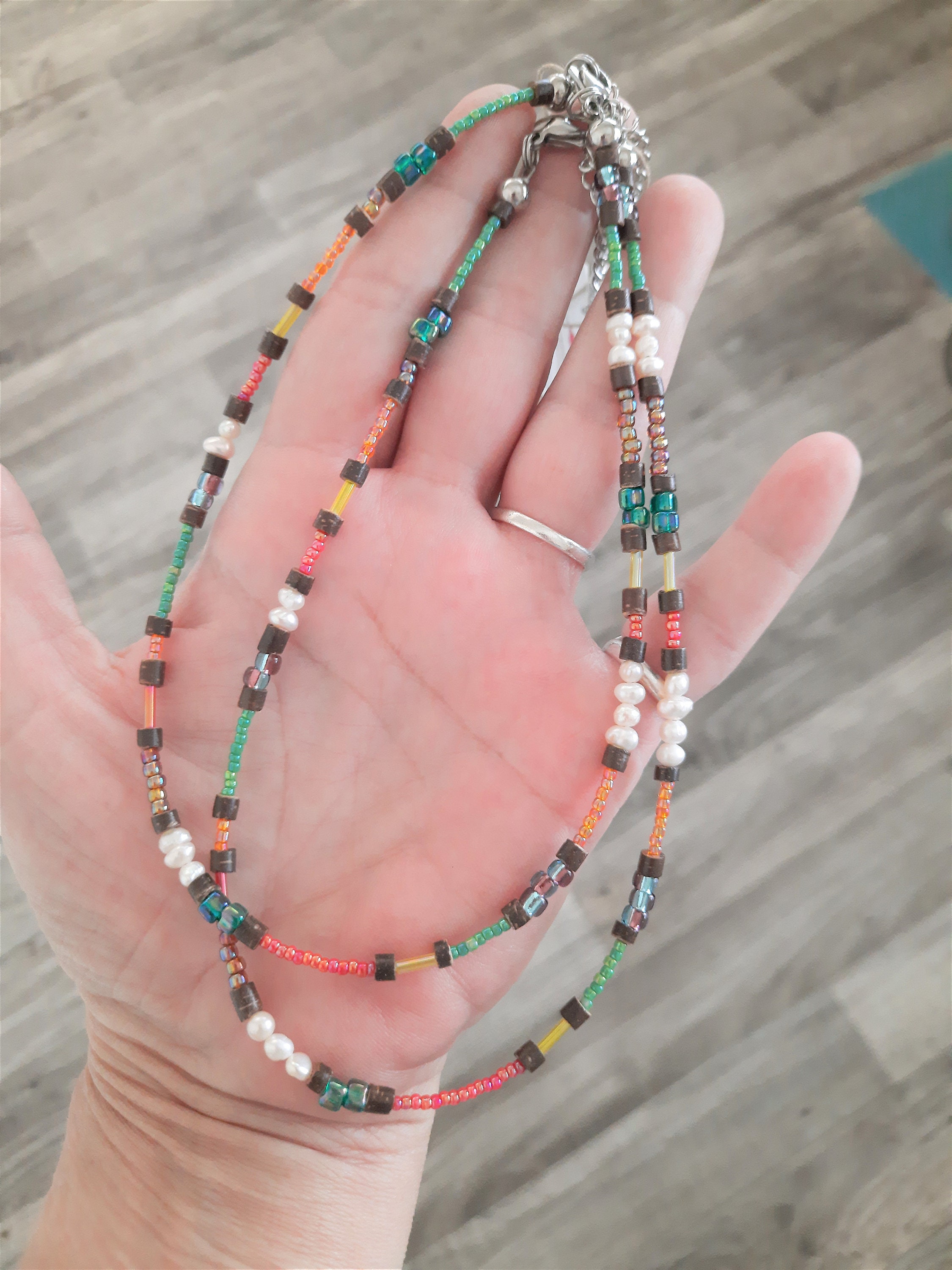 Pearl Seed Bead Color Splash Necklace Beach Stainless Steel | Etsy
