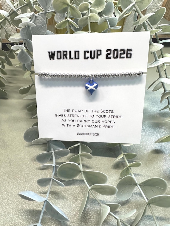 Scotland Football Bracelet | Tartan Army Supporter Gift, Silver Effect Beaded Charm (World Cup 2026) Saltire Heart Charm