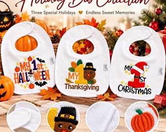 Embroidered 1st Holiday Bib Set, First Holiday, Halloween,  Thanksgiving, Christmas, Baby Milestone Gift, 3 pack Bib Set