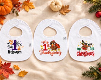 Build Your Own Holiday Baby Bib Set of 3, Halloween Thanksgiving Christmas, Personalized First Holiday Baby Gift, 14 Designs, Handmade