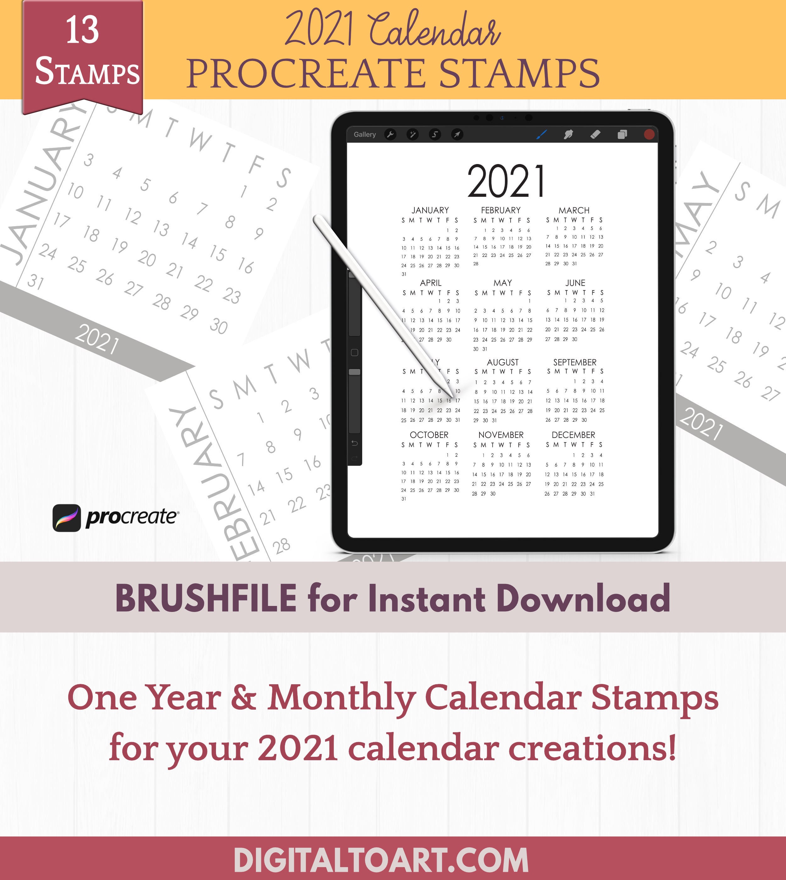 Procreate Stamps / 13 Calendar Stamps / 2021 Year and Month